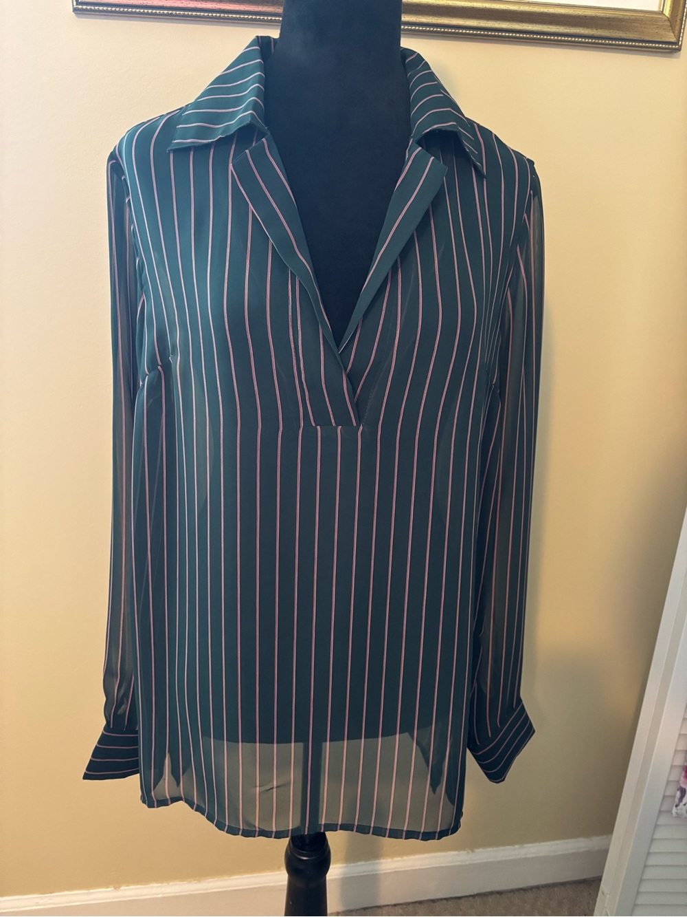 Women's Green Button-Down Blouse with Pink Stripe Detail
